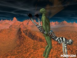 A zebra skinned woman getting fucked by a green man