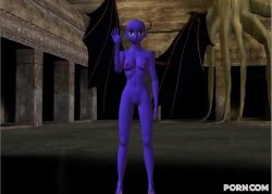 Purple skinned bat babe showing her naked body outside