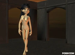 Sexy dark haired CGI girl posing nude in a scary castle
