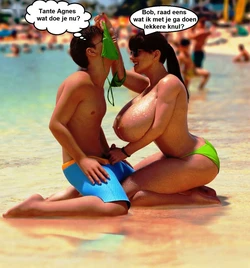 Tante en neef aan het strand (Dutch)