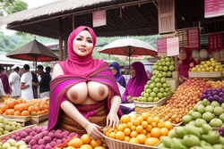 Hijab naked exhibionism on public market [AI Generated]
