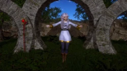 Frieren, young thin elf dances elegantly on ancient ruins