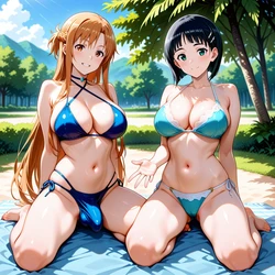 [Banana Bouncer] Suguha Kirigaya x Yuuki Asuna (Sword Art Online) [AI Generated]