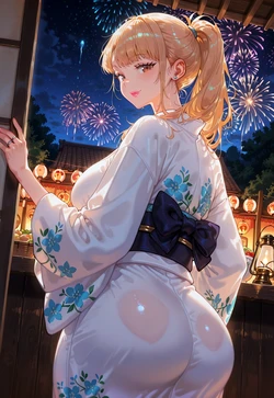 Blonde in a Kimono = Fireworks Above, Fireworks Below [AI Generated]