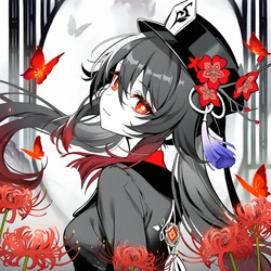 [Pixiv] 青德坊 - 炎蝶振夜，血梅绽霄，千灯灼幽引魂迢——胡桃（宿雪桃红/折梅留芳） (107479500) [Ai generated]