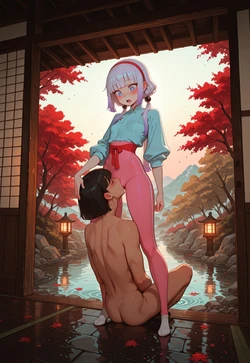 AUTUMN ONSEN LEWD KANNA'S BLUSHING -  KANNA'S BLUSHING STANDING CUNNILINGUS VERANDA SHOT [AI Generated]