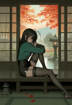 TWILIGHT ONSEN AESTHETIC – BLACK LACE GARTERS + MAPLE LEAF GLOW [AI Generated]
