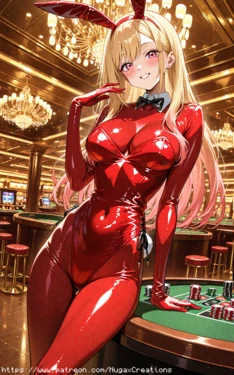 Marin Kitagawa at Casino In Red Latex Bunny suit  [AI Generated] [NugaxCreations]