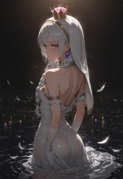 BRAIDED NUN'S WET FIGURE & SHIMMERING FEATHERS IN DARK [AI Generated]