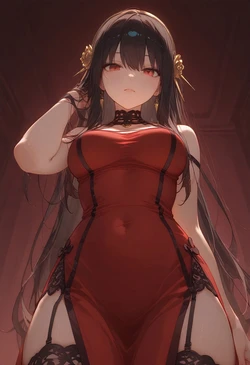 High-Slit Invitation -Scarlet Silk & Shadowed Hips [AI Generated]