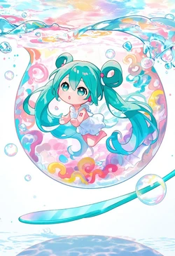 Chibi Miku's Bubbled Tease - Her Floating Gaze [AI Generated]