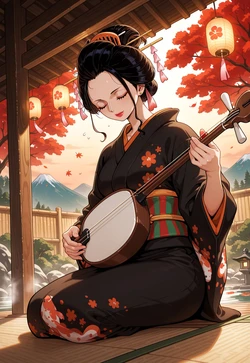 Shamisen's Sideways Serenade - Robin's Closed-Eyes, Sweat-Drop Gaze [AI Generated]