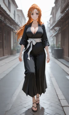 Orihime slips on the street, gets her shihakusho's loose and gets ashamed and aroused with the sudden exposure (ai generated)