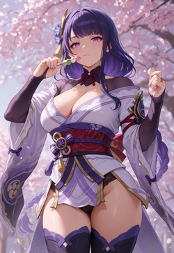 Floral Mesh & Thighhigh's Flesh - Raiden's Downward, Cowboy-Shot Gaze [AI Generated]