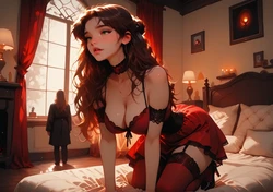 [TrashGer] Brown hair red dress MMF Threesome groupsex [AI Generated]