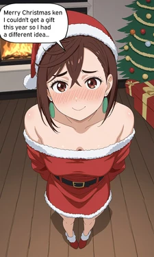 Momo Ayase gives ken a Christmas gift. [AI Generated]