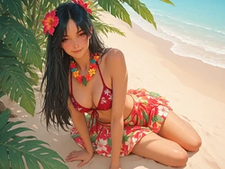 [TrashGer] Dark long hair red bikini at the beach MMF Threesome groupsex [AI Generated]