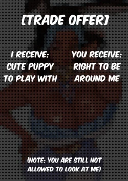Trade offer, I receive: cute puppy to play with, you receive: right to be arount me