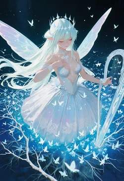 Lace gown slips, harp strings drip – fairy wings flip [AI Generated]