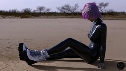 SHINY-REFLECTION - Girl in black latex catsuit in the beach. Images set 1