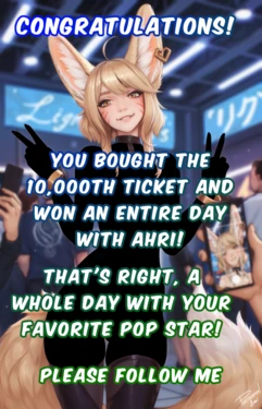 You won a whole day to spend with your favorite pop star, Ahri. Too bad you're a censored betaloser! [AI Generated]