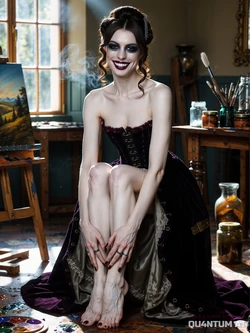 AI Anne Hathaway # The Witcher Iris Von Everec The Devil Wears Prada Princess Diaries Les Miserables The Dark Knight Rises Interstellar Alice In Wonder land Hearts Of Stone Black Gown Off Shoulder Dress Black Veil White Sash Pearl Necklace Ruby Pendant Red Rose Velvet Gloves Gothic Dress Artist Easel [AI Generated]
