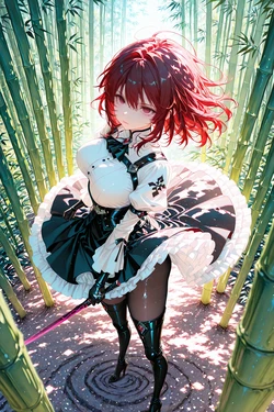 [Hahahane] High heel boots, layered skirt flies – empty eyes lock while her swords arise [AI Generated]