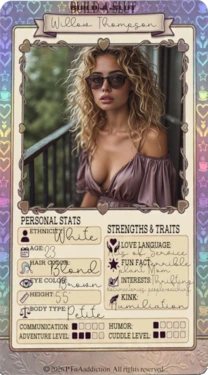 Build-A-Slut, Bio and trading cards (Ongoing) [AI Generated]