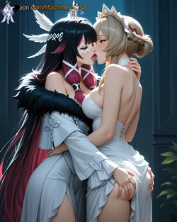 [Machine Muse] Columbina + Sandrone  and  Miyamoto Musashi  + Minamoto no Raikou (Yuri) [AI Generated]