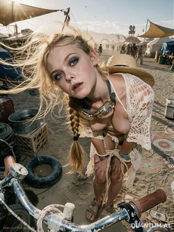 AI Elle Fanning # The Great Maleficent The Neon Demon Super8 A Complete Unknown Hollywood Actress Festival Fashion Desert Vibes Black Bodysuit Silver Overall Shorts Pink Leggings Leather Bikini Distressed CropTop Steampunk Goggles Combat Boots Playa Bicycle Art Installation Desert Sunset Steampunk Aesthetic [AI Generated]